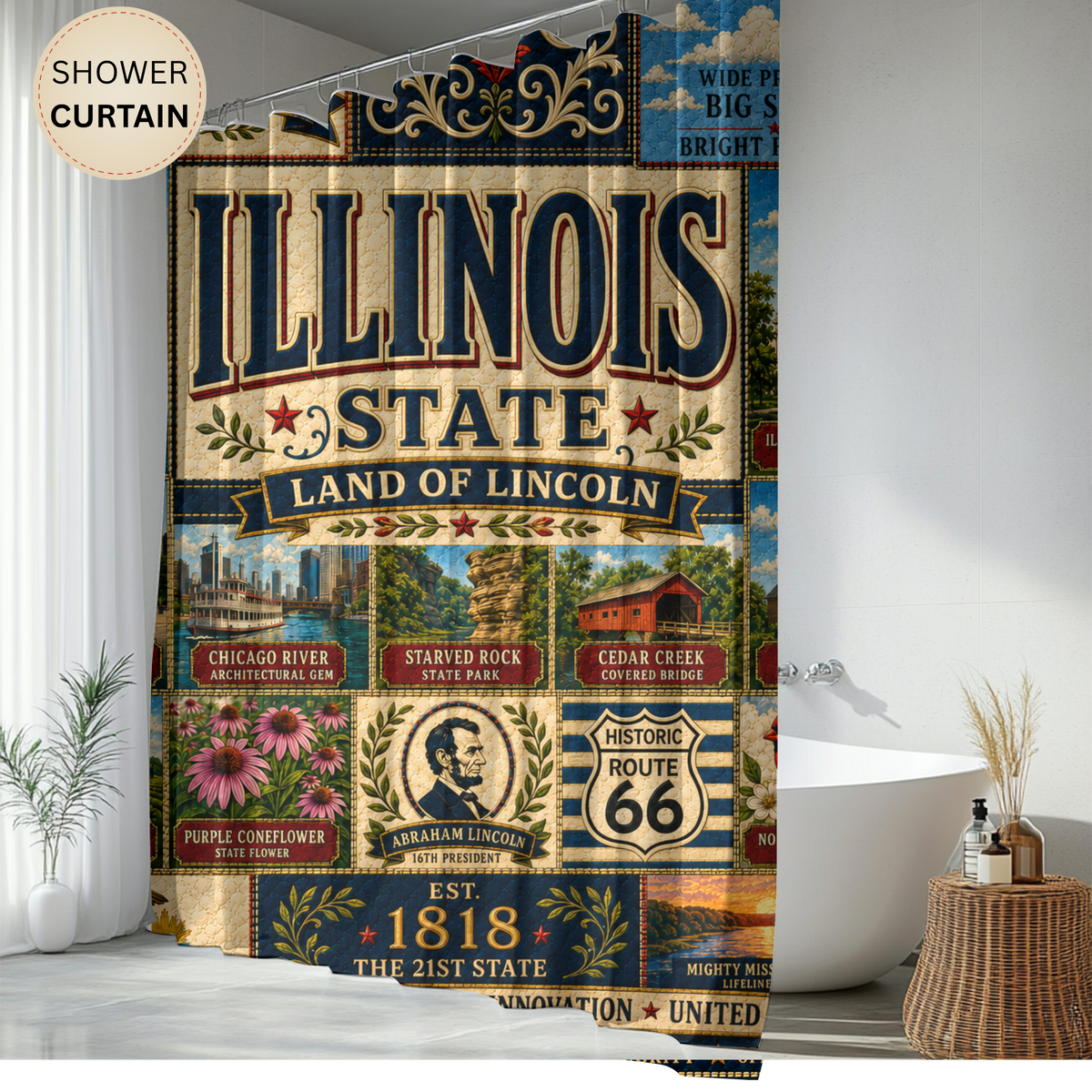 Illinois Shower Curtain, Land of Lincoln Decor, Chicago Route 66 Faux Patchwork, Prairie State Bathroom Decor