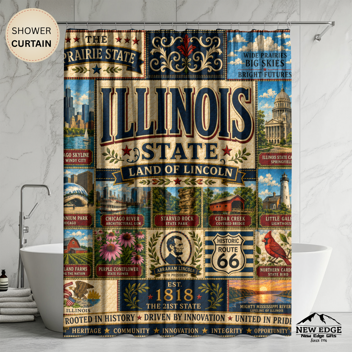 Illinois Shower Curtain, Land of Lincoln Decor, Chicago Route 66 Faux Patchwork, Prairie State Bathroom Decor