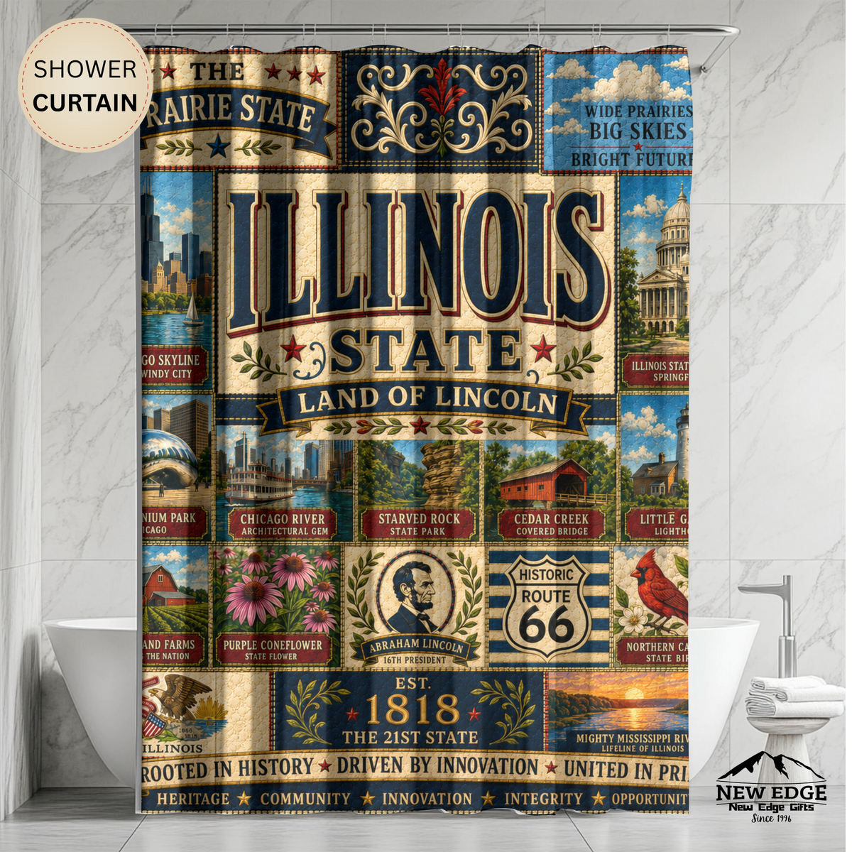 Illinois Shower Curtain, Land of Lincoln Decor, Chicago Route 66 Faux Patchwork, Prairie State Bathroom Decor