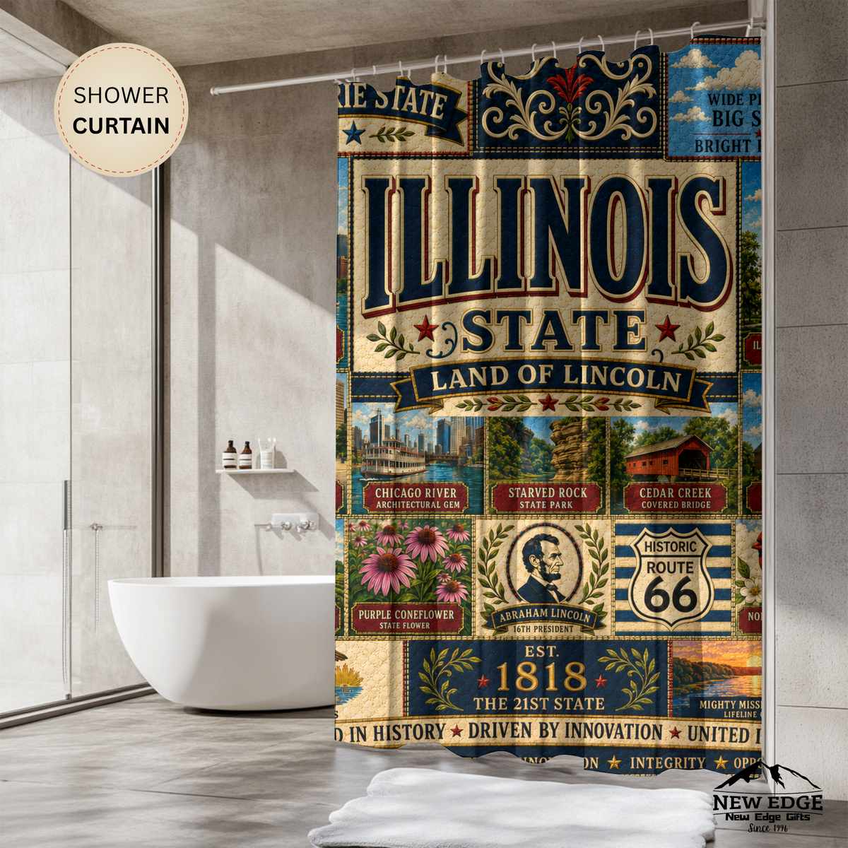 Illinois Shower Curtain, Land of Lincoln Decor, Chicago Route 66 Faux Patchwork, Prairie State Bathroom Decor