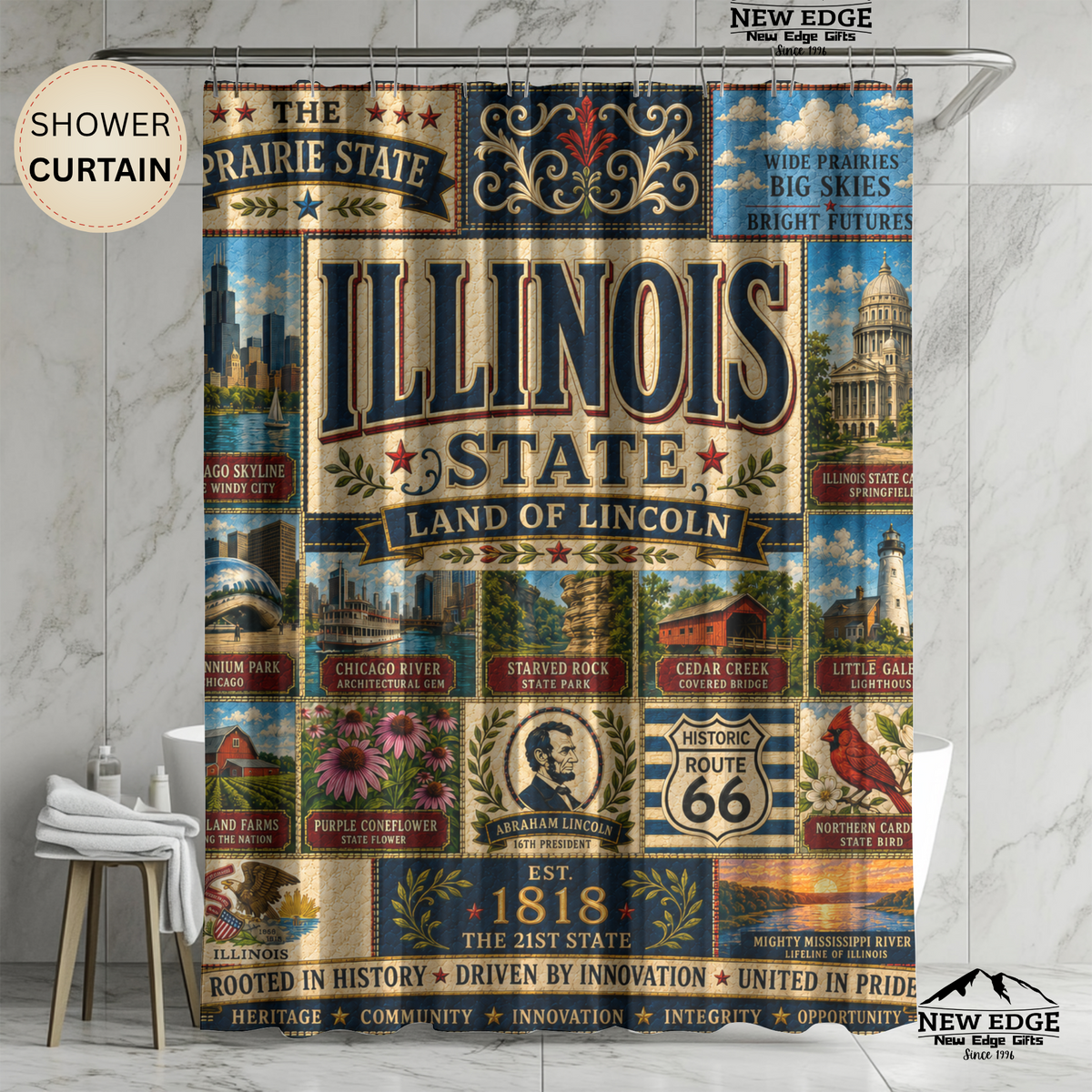 Illinois Shower Curtain, Land of Lincoln Decor, Chicago Route 66 Faux Patchwork, Prairie State Bathroom Decor