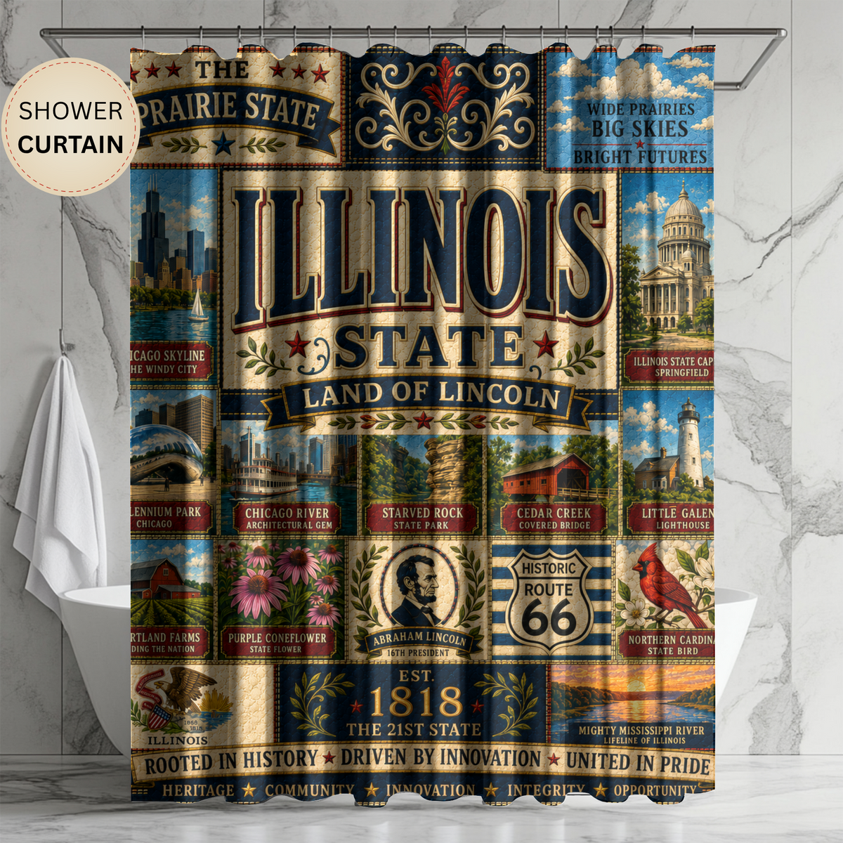 Illinois Shower Curtain, Land of Lincoln Decor, Chicago Route 66 Faux Patchwork, Prairie State Bathroom Decor
