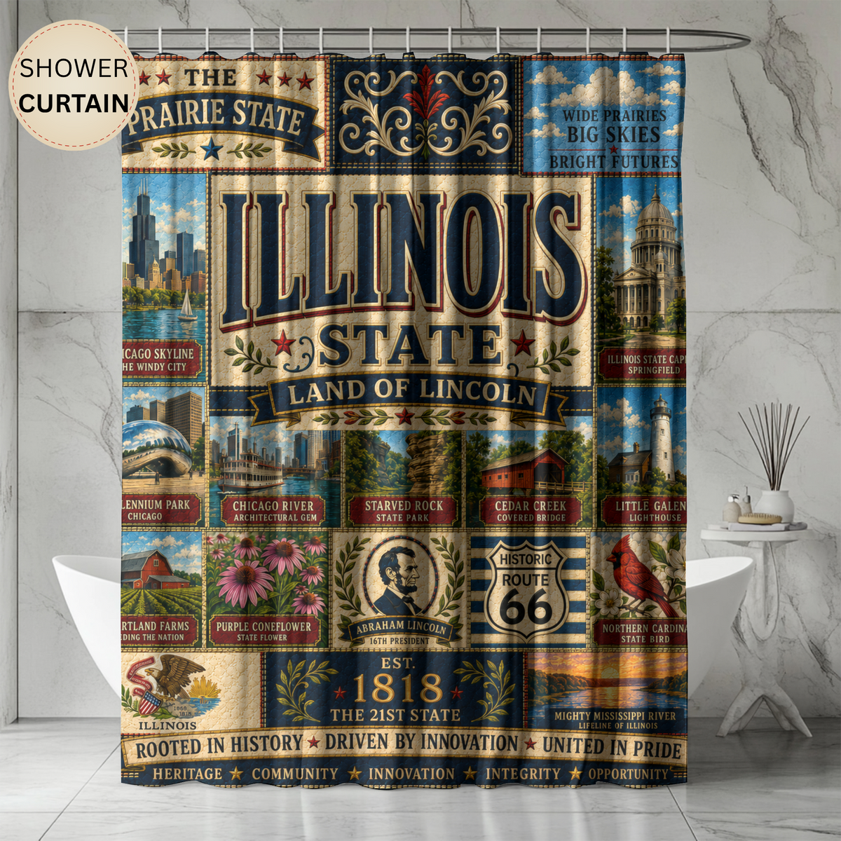 Illinois Shower Curtain, Land of Lincoln Decor, Chicago Route 66 Faux Patchwork, Prairie State Bathroom Decor