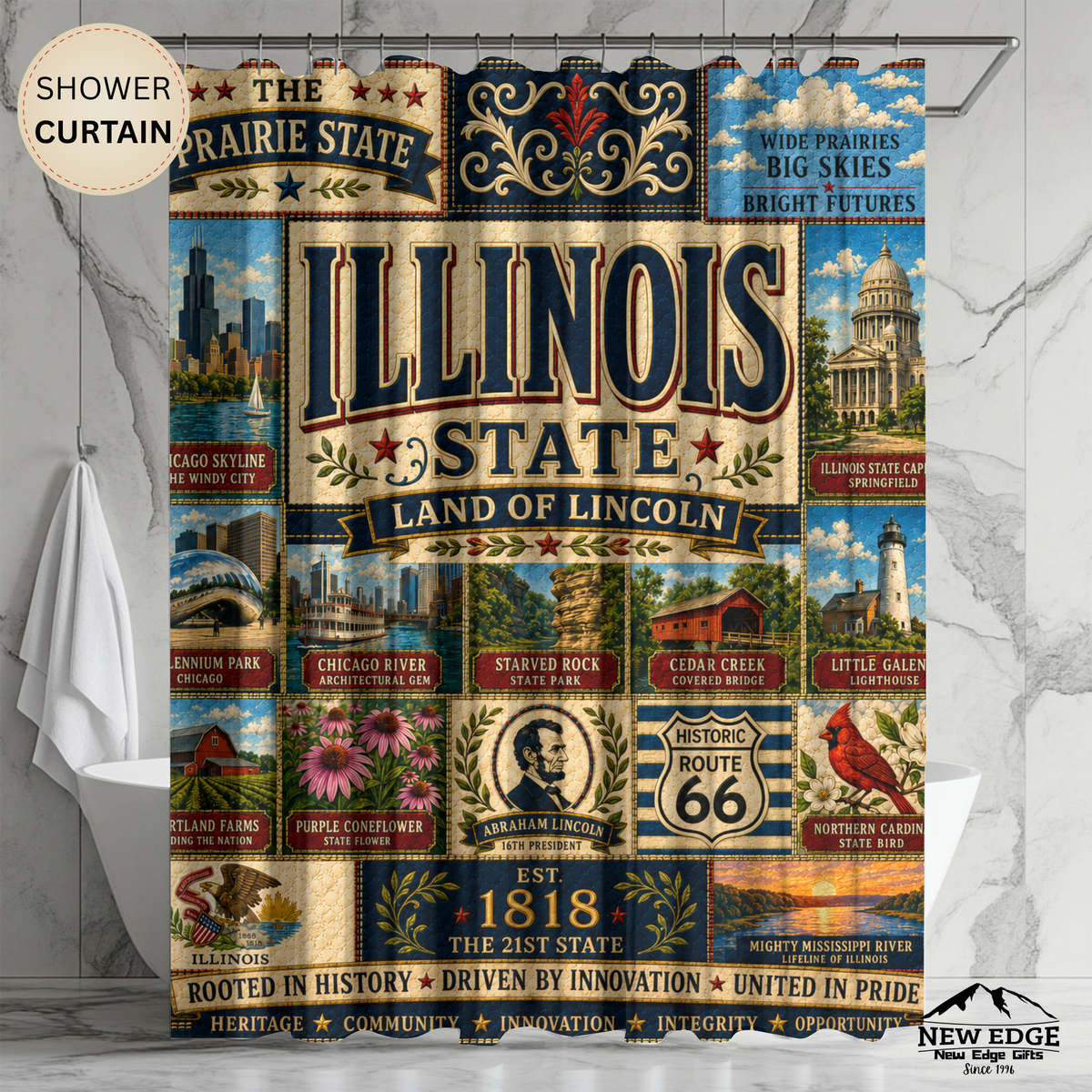 Illinois Shower Curtain, Land of Lincoln Decor, Chicago Route 66 Faux Patchwork, Prairie State Bathroom Decor
