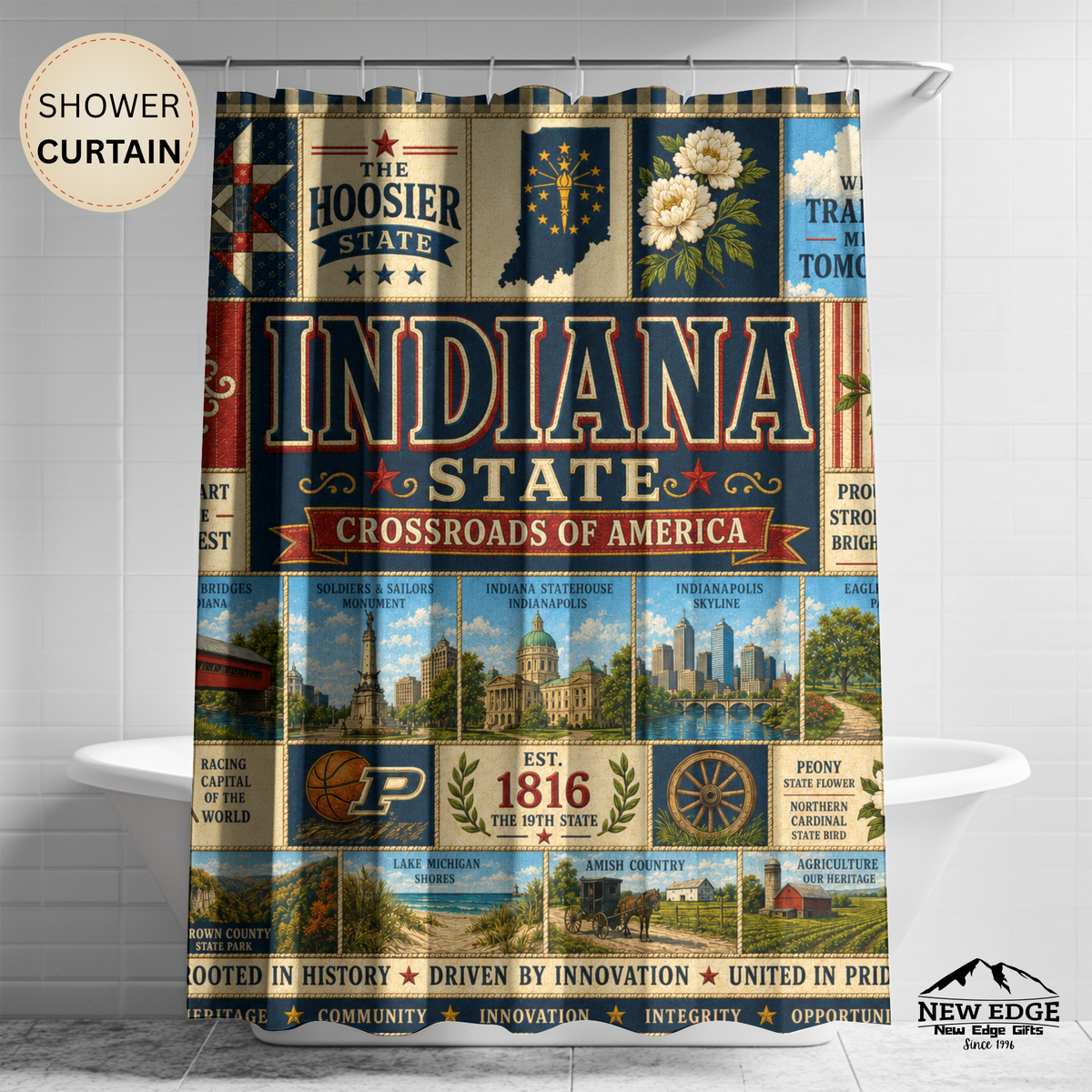 Indiana Shower Curtain, Hoosier State Decor, Crossroads of America Faux Patchwork, Indiana Landmark Bathroom Decor