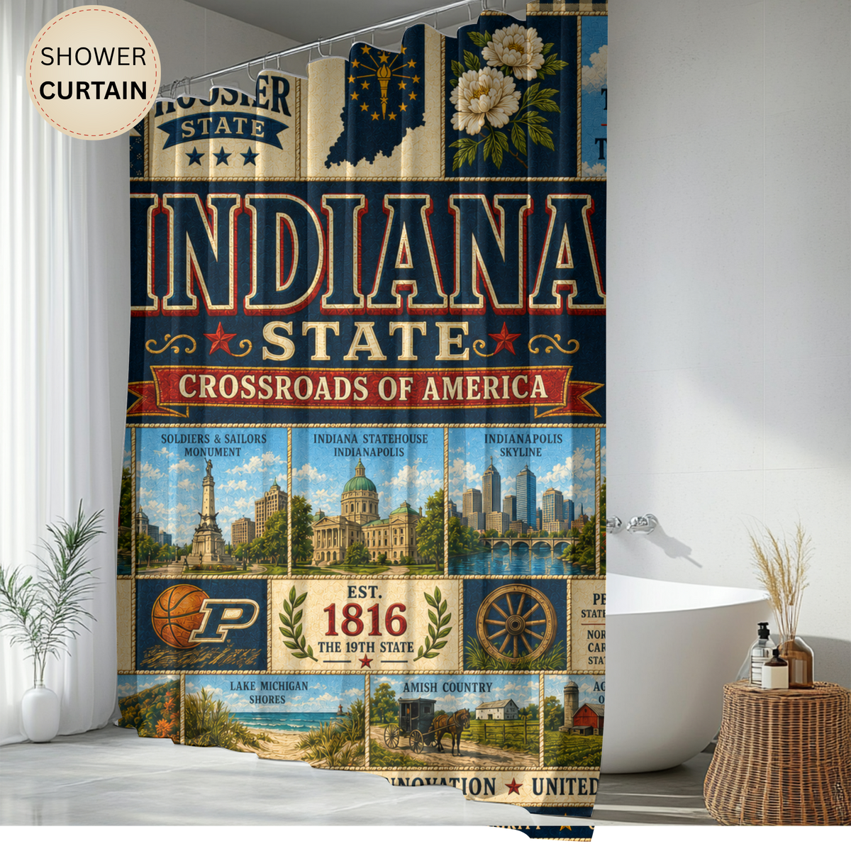 Indiana Shower Curtain, Hoosier State Decor, Crossroads of America Faux Patchwork, Indiana Landmark Bathroom Decor