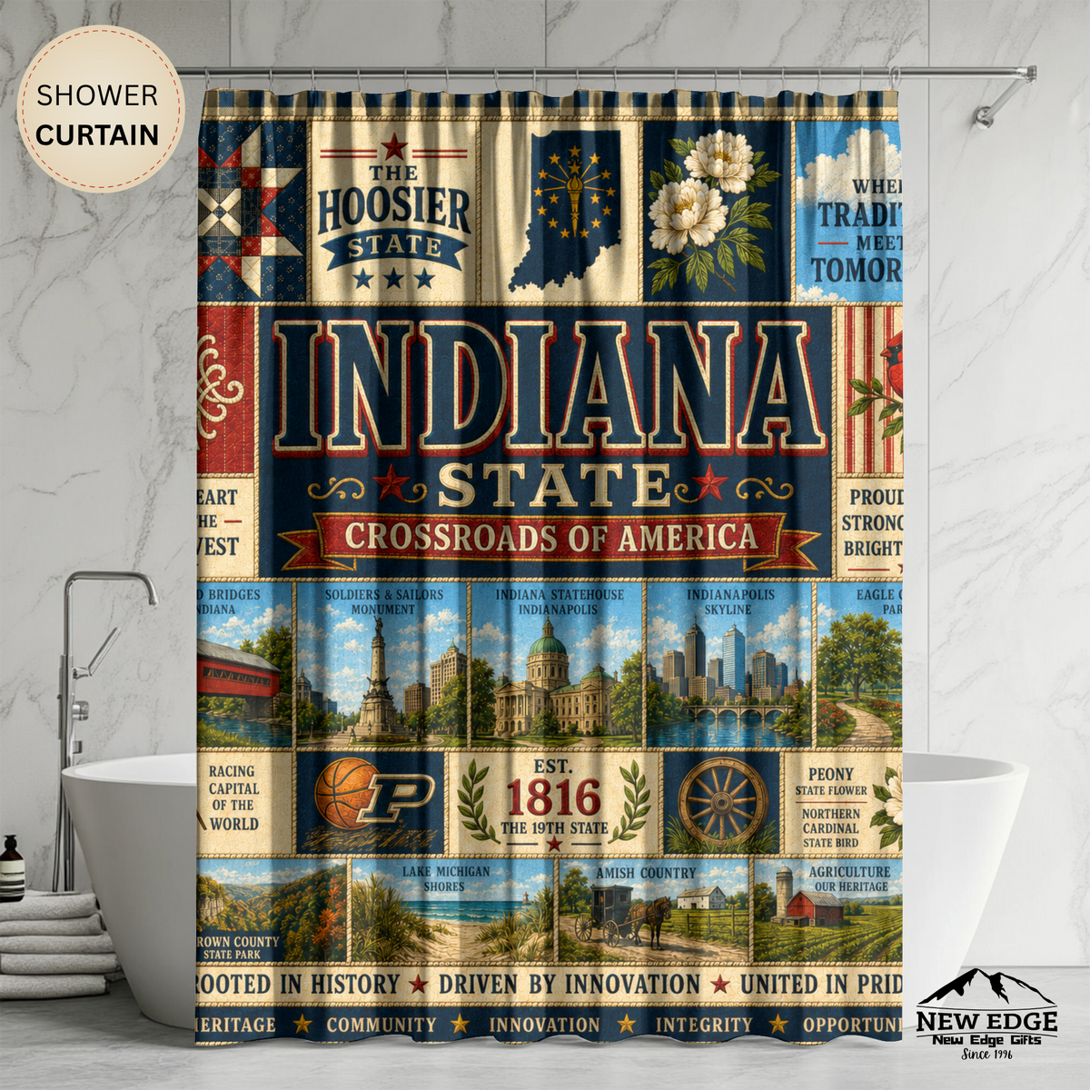Indiana Shower Curtain, Hoosier State Decor, Crossroads of America Faux Patchwork, Indiana Landmark Bathroom Decor