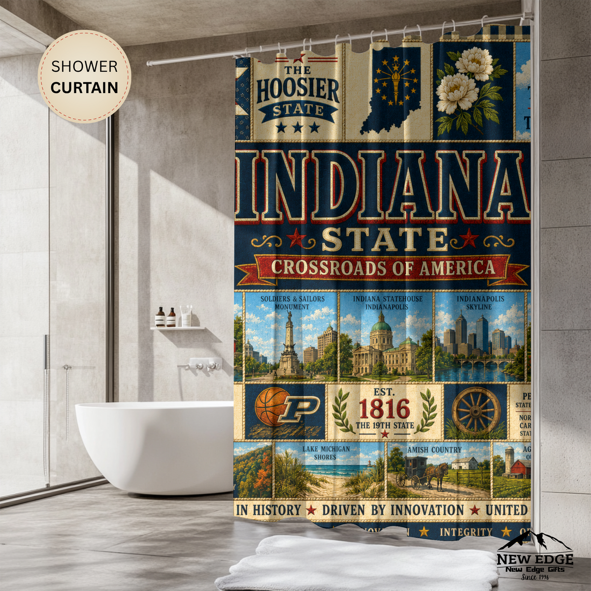 Indiana Shower Curtain, Hoosier State Decor, Crossroads of America Faux Patchwork, Indiana Landmark Bathroom Decor