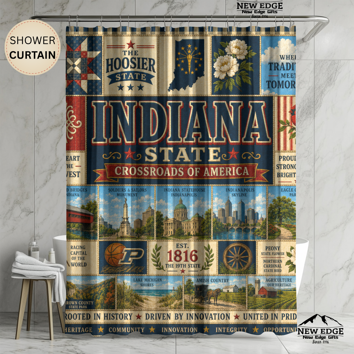 Indiana Shower Curtain, Hoosier State Decor, Crossroads of America Faux Patchwork, Indiana Landmark Bathroom Decor