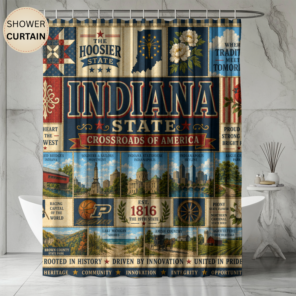 Indiana Shower Curtain, Hoosier State Decor, Crossroads of America Faux Patchwork, Indiana Landmark Bathroom Decor