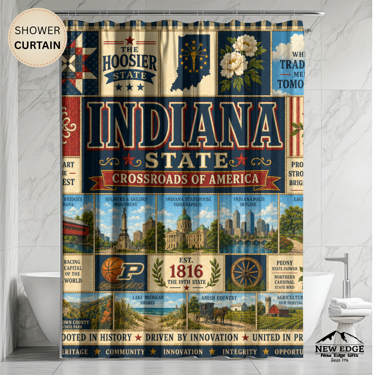 Indiana Shower Curtain, Hoosier State Decor, Crossroads of America Faux Patchwork, Indiana Landmark Bathroom Decor