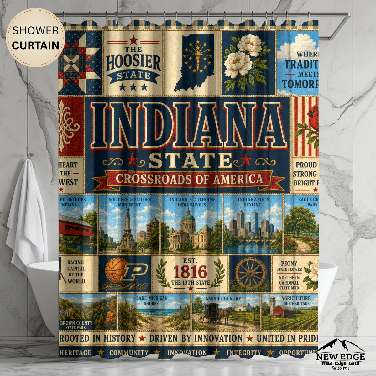Indiana Shower Curtain, Hoosier State Decor, Crossroads of America Faux Patchwork, Indiana Landmark Bathroom Decor