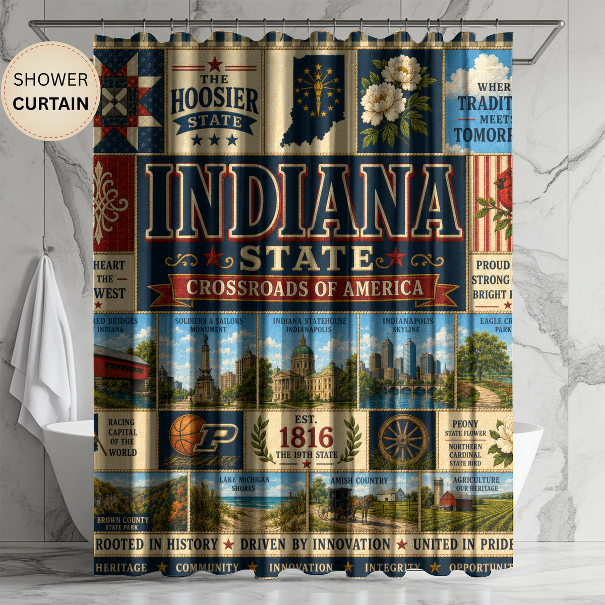 Indiana Shower Curtain, Hoosier State Decor, Crossroads of America Faux Patchwork, Indiana Landmark Bathroom Decor