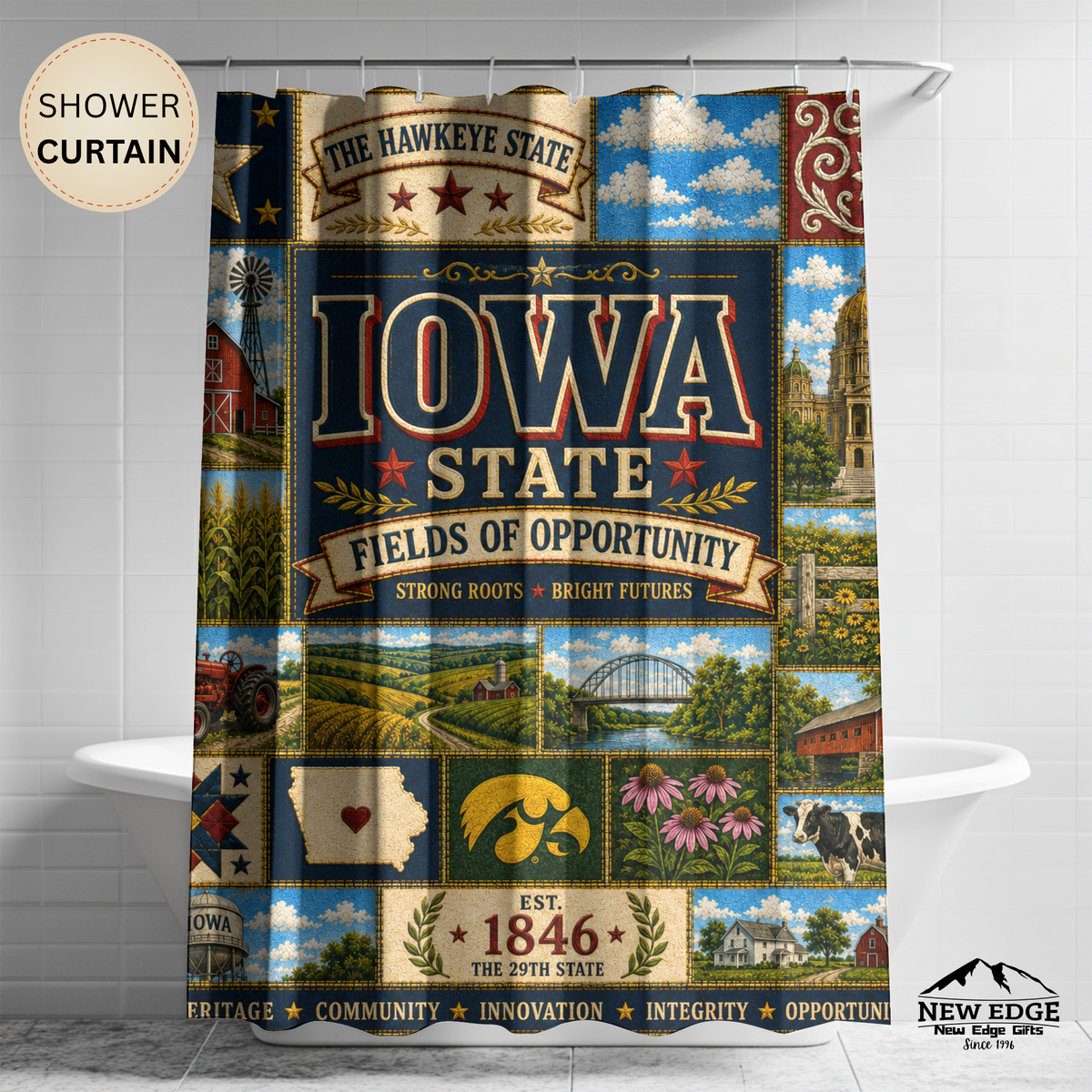 Iowa Shower Curtain, Hawkeye State Decor, Farmhouse Landmark Faux Patchwork, Rustic Midwest Bathroom Decor