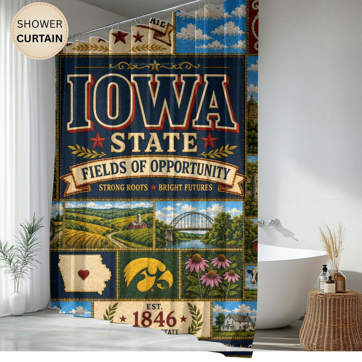 Iowa Shower Curtain, Hawkeye State Decor, Farmhouse Landmark Faux Patchwork, Rustic Midwest Bathroom Decor