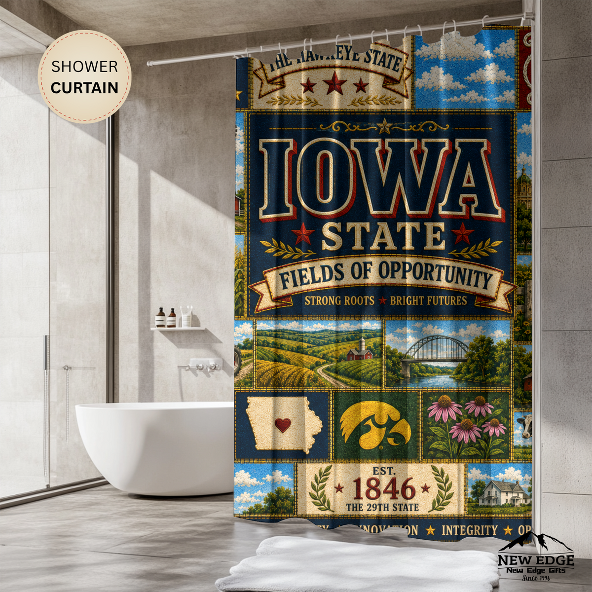 Iowa Shower Curtain, Hawkeye State Decor, Farmhouse Landmark Faux Patchwork, Rustic Midwest Bathroom Decor
