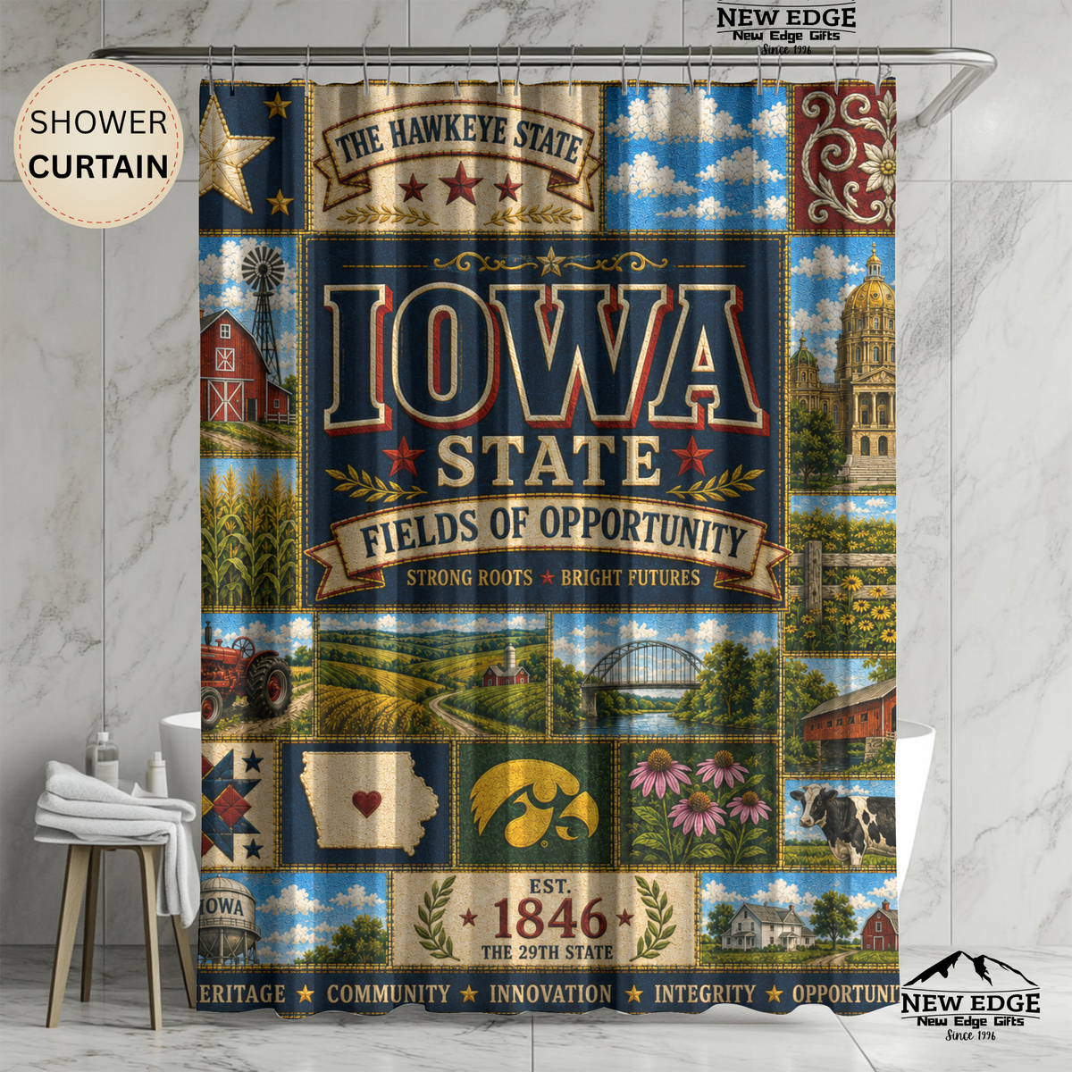 Iowa Shower Curtain, Hawkeye State Decor, Farmhouse Landmark Faux Patchwork, Rustic Midwest Bathroom Decor