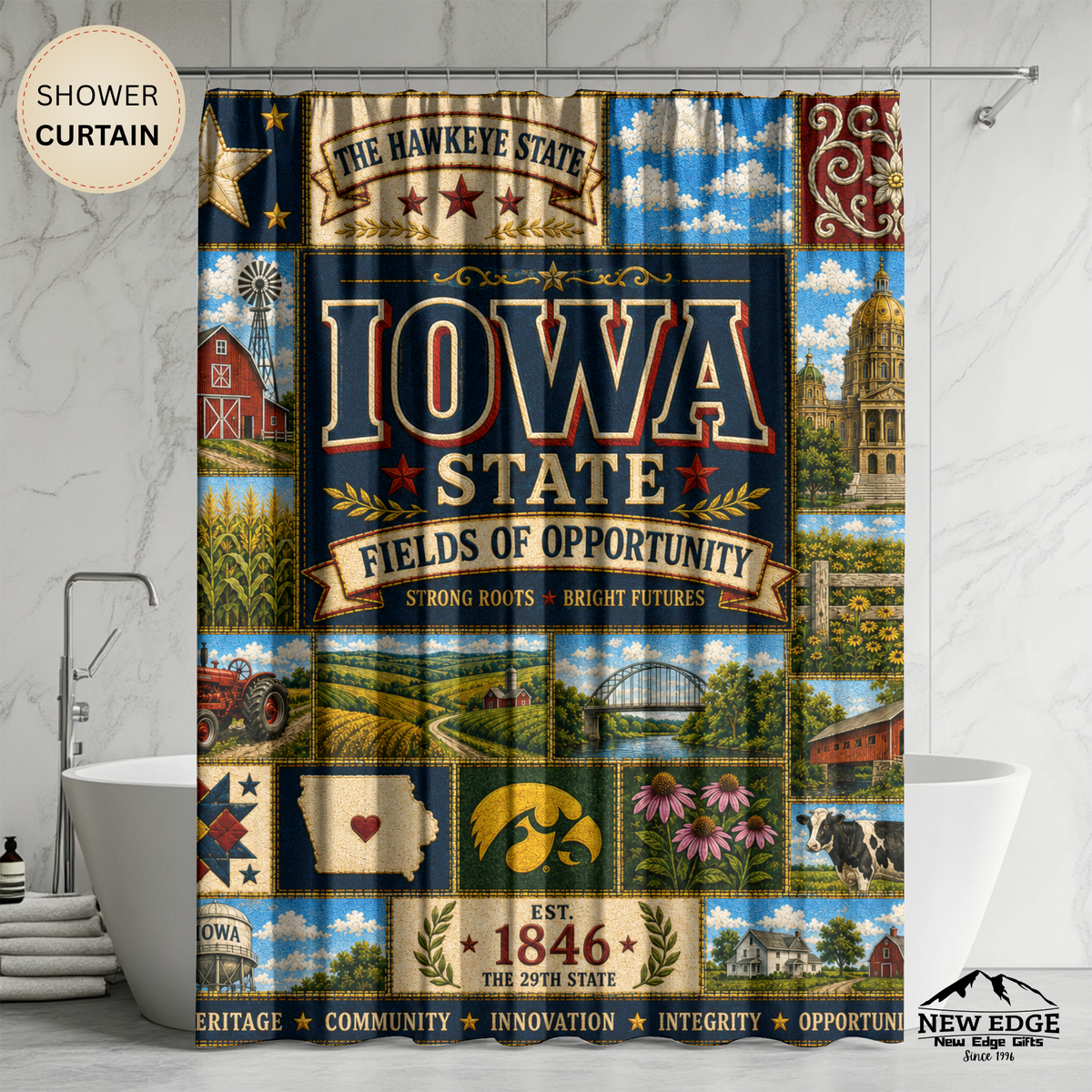 Iowa Shower Curtain, Hawkeye State Decor, Farmhouse Landmark Faux Patchwork, Rustic Midwest Bathroom Decor