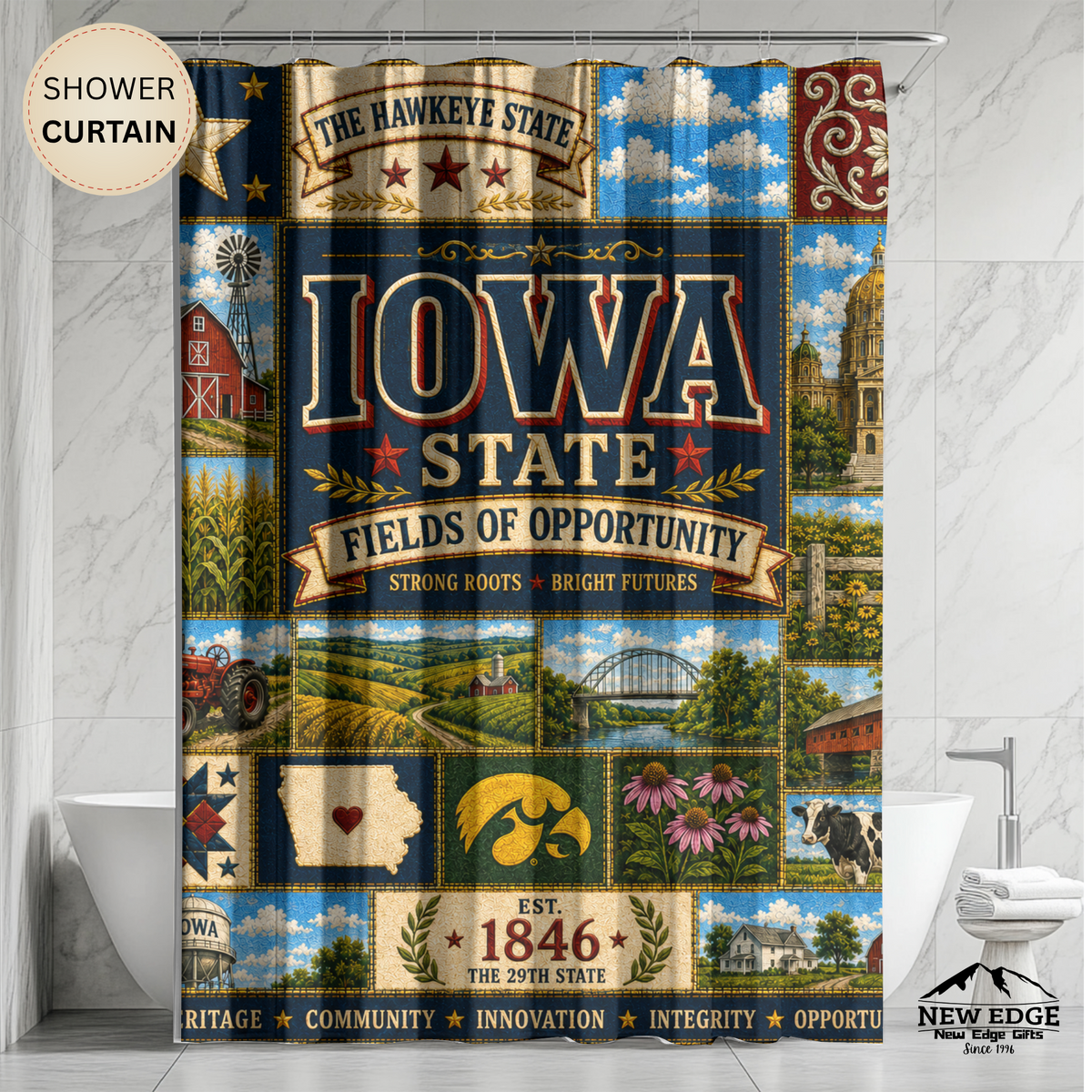 Iowa Shower Curtain, Hawkeye State Decor, Farmhouse Landmark Faux Patchwork, Rustic Midwest Bathroom Decor