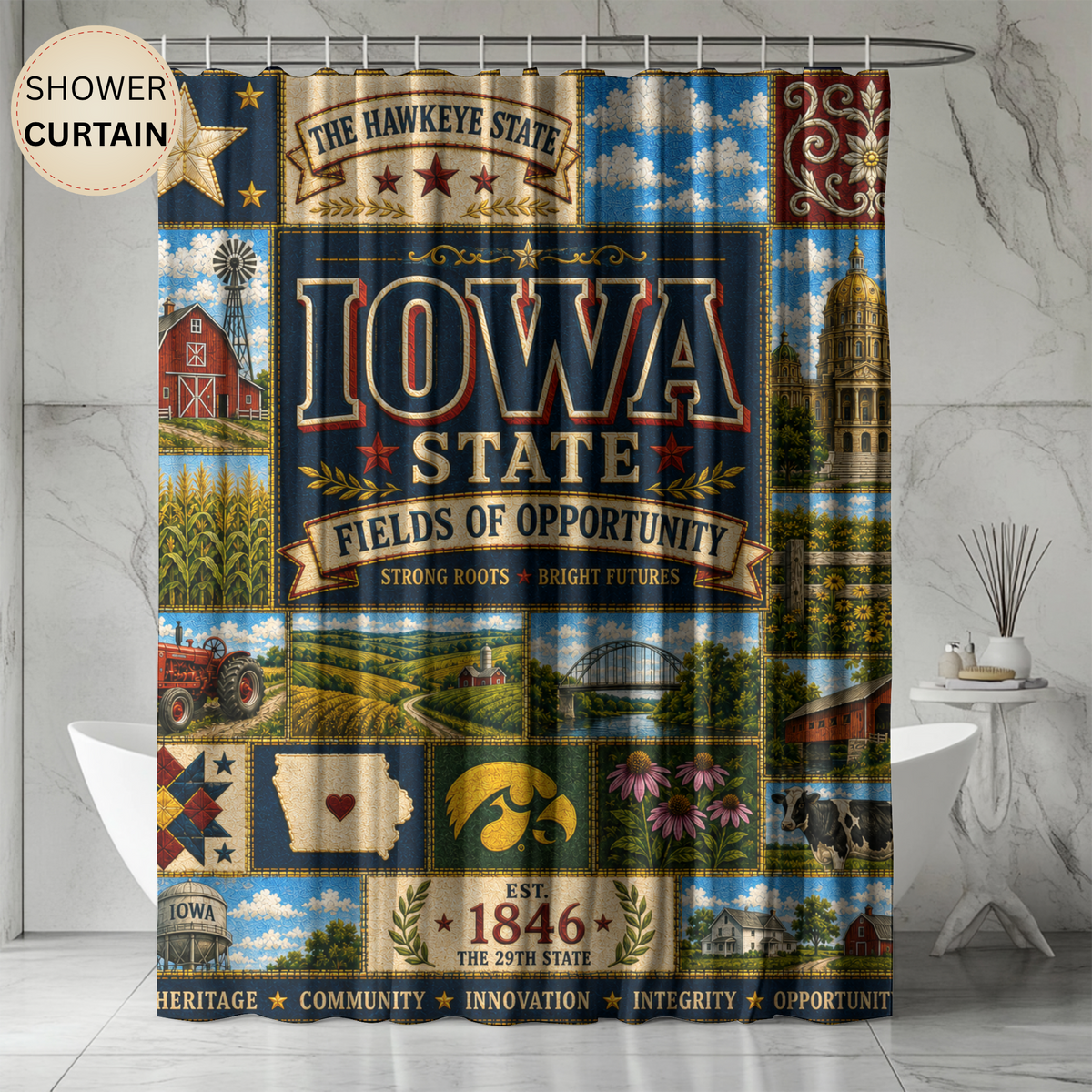 Iowa Shower Curtain, Hawkeye State Decor, Farmhouse Landmark Faux Patchwork, Rustic Midwest Bathroom Decor