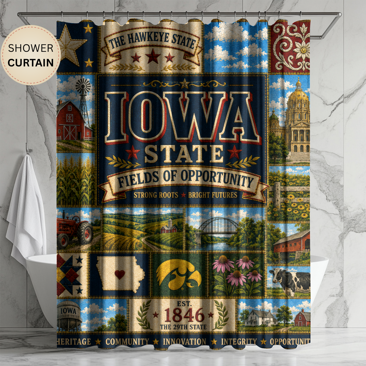 Iowa Shower Curtain, Hawkeye State Decor, Farmhouse Landmark Faux Patchwork, Rustic Midwest Bathroom Decor