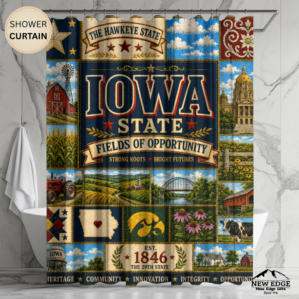 Iowa Shower Curtain, Hawkeye State Decor, Farmhouse Landmark Faux Patchwork, Rustic Midwest Bathroom Decor