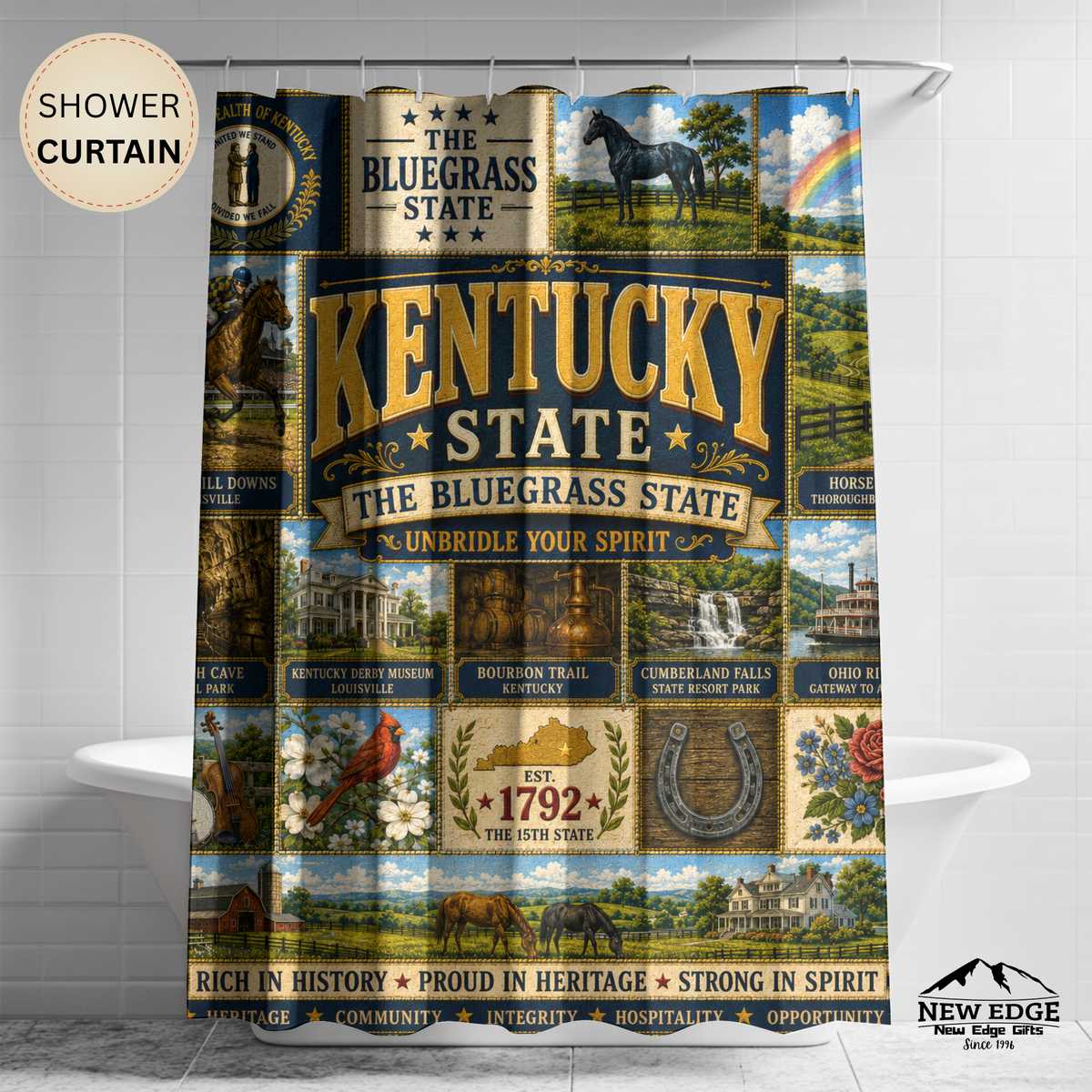 Kentucky Shower Curtain, Bluegrass State Decor, Horse Country Faux Patchwork, Rustic Kentucky Bathroom Decor