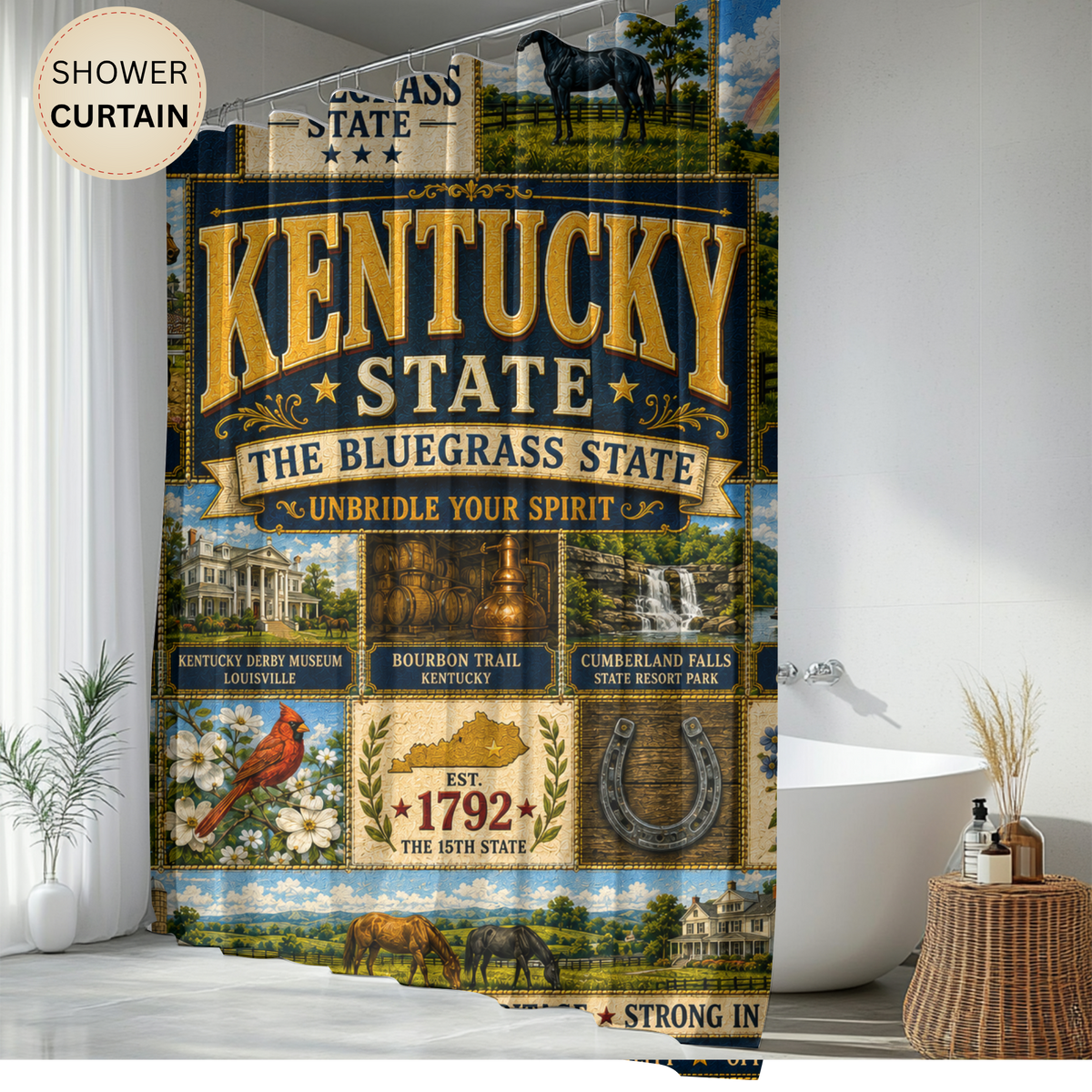 Kentucky Shower Curtain, Bluegrass State Decor, Horse Country Faux Patchwork, Rustic Kentucky Bathroom Decor