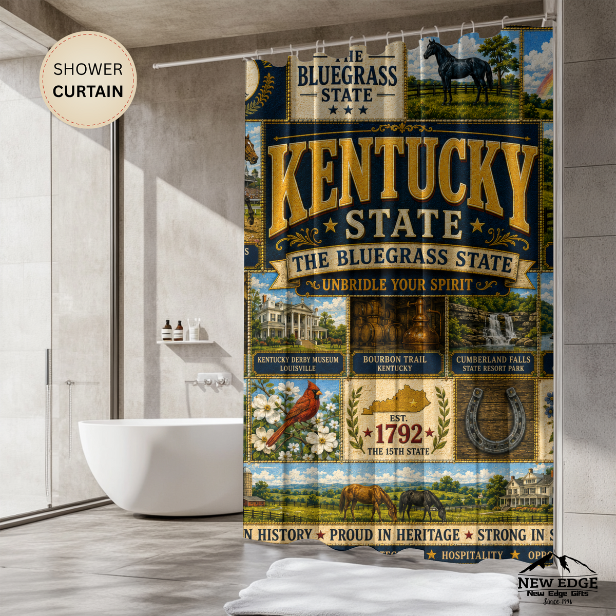 Kentucky Shower Curtain, Bluegrass State Decor, Horse Country Faux Patchwork, Rustic Kentucky Bathroom Decor