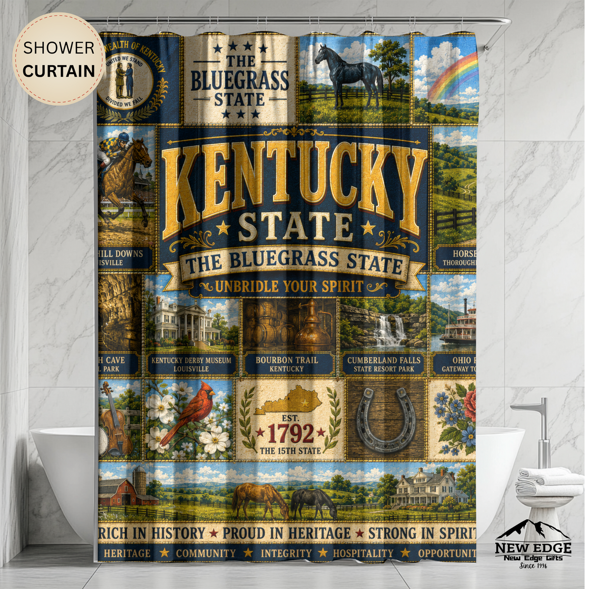 Kentucky Shower Curtain, Bluegrass State Decor, Horse Country Faux Patchwork, Rustic Kentucky Bathroom Decor