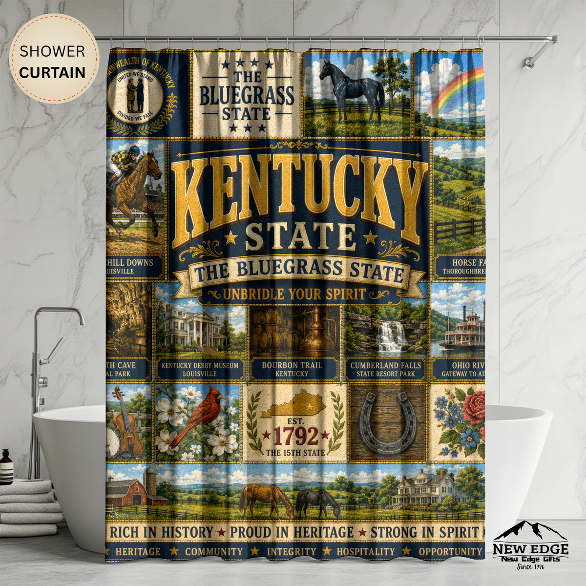 Kentucky Shower Curtain, Bluegrass State Decor, Horse Country Faux Patchwork, Rustic Kentucky Bathroom Decor