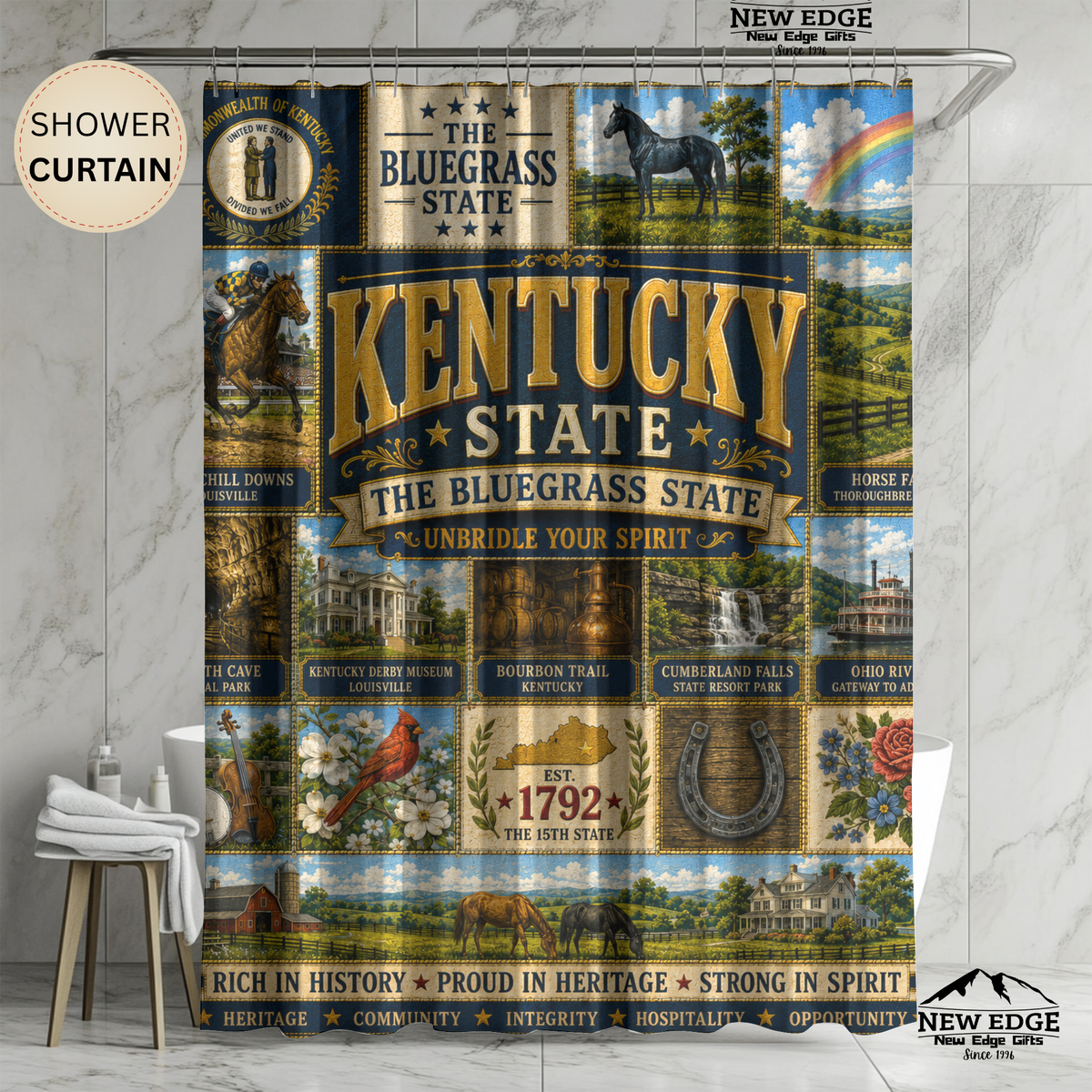 Kentucky Shower Curtain, Bluegrass State Decor, Horse Country Faux Patchwork, Rustic Kentucky Bathroom Decor