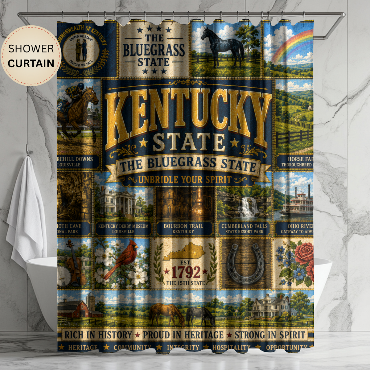 Kentucky Shower Curtain, Bluegrass State Decor, Horse Country Faux Patchwork, Rustic Kentucky Bathroom Decor