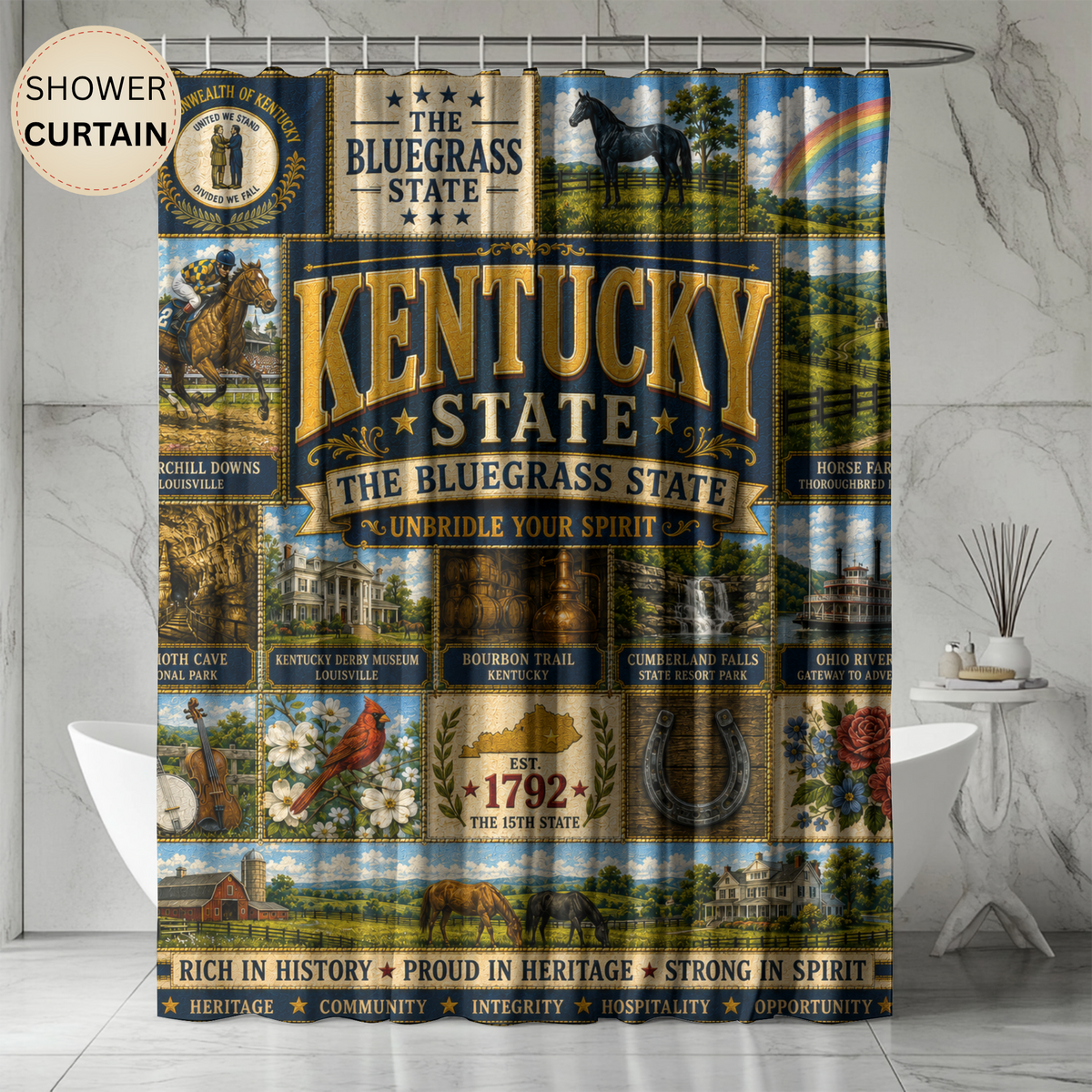 Kentucky Shower Curtain, Bluegrass State Decor, Horse Country Faux Patchwork, Rustic Kentucky Bathroom Decor