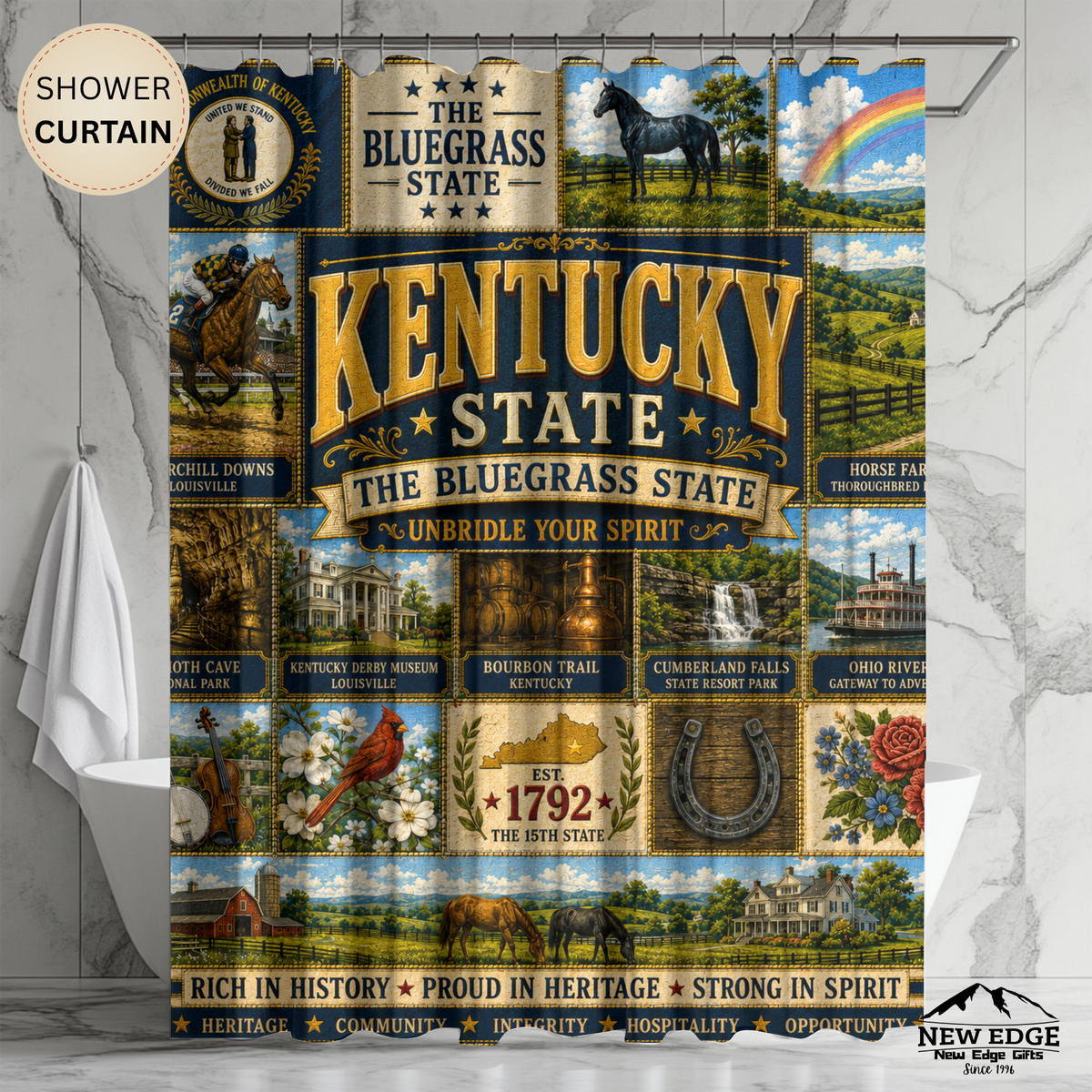 Kentucky Shower Curtain, Bluegrass State Decor, Horse Country Faux Patchwork, Rustic Kentucky Bathroom Decor