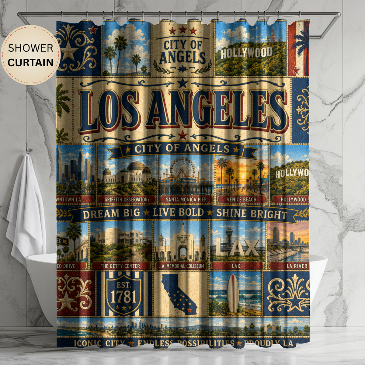 Los Angeles Shower Curtain, City of Angels Decor, Hollywood Coastal Faux Patchwork, California Bathroom Decor