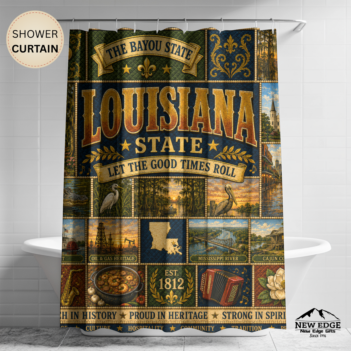 Louisiana Shower Curtain, Bayou State Decor, Cajun Jazz Faux Patchwork, Southern Landmark Bathroom Decor