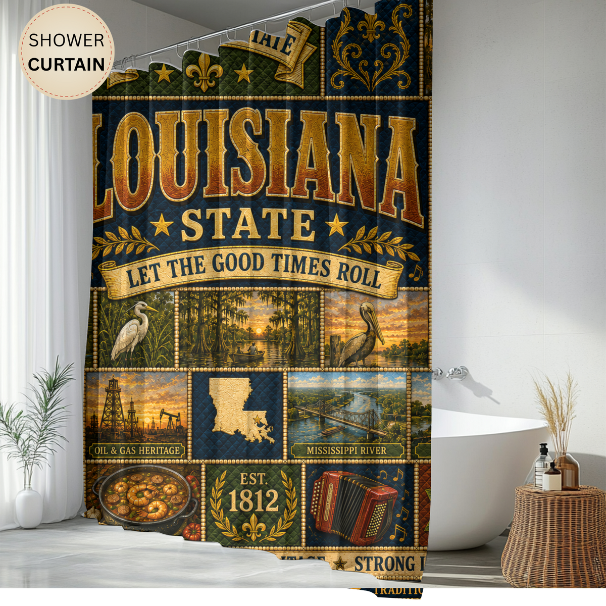 Louisiana Shower Curtain, Bayou State Decor, Cajun Jazz Faux Patchwork, Southern Landmark Bathroom Decor