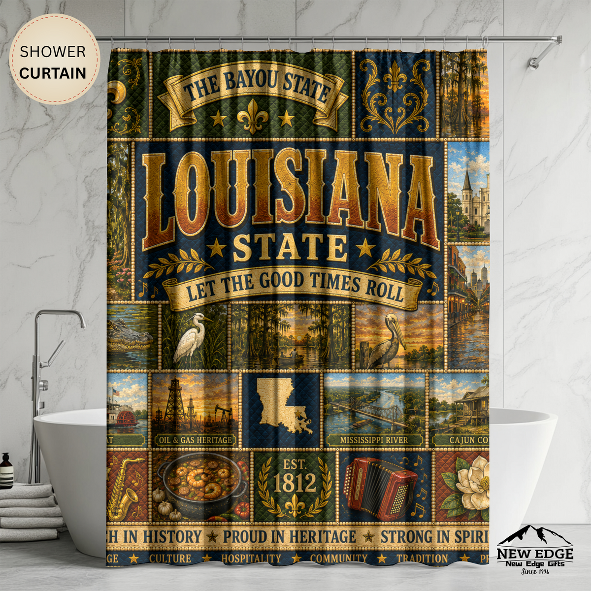 Louisiana Shower Curtain, Bayou State Decor, Cajun Jazz Faux Patchwork, Southern Landmark Bathroom Decor