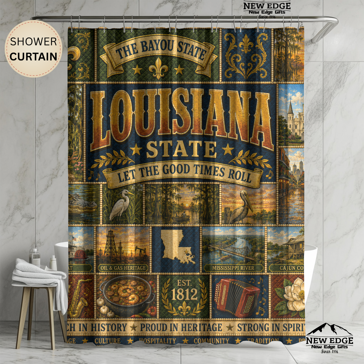 Louisiana Shower Curtain, Bayou State Decor, Cajun Jazz Faux Patchwork, Southern Landmark Bathroom Decor