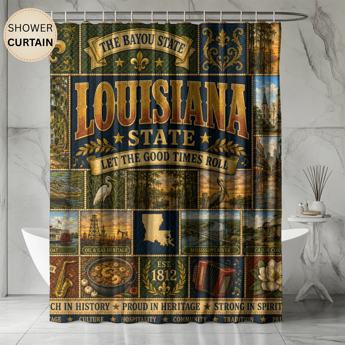 Louisiana Shower Curtain, Bayou State Decor, Cajun Jazz Faux Patchwork, Southern Landmark Bathroom Decor