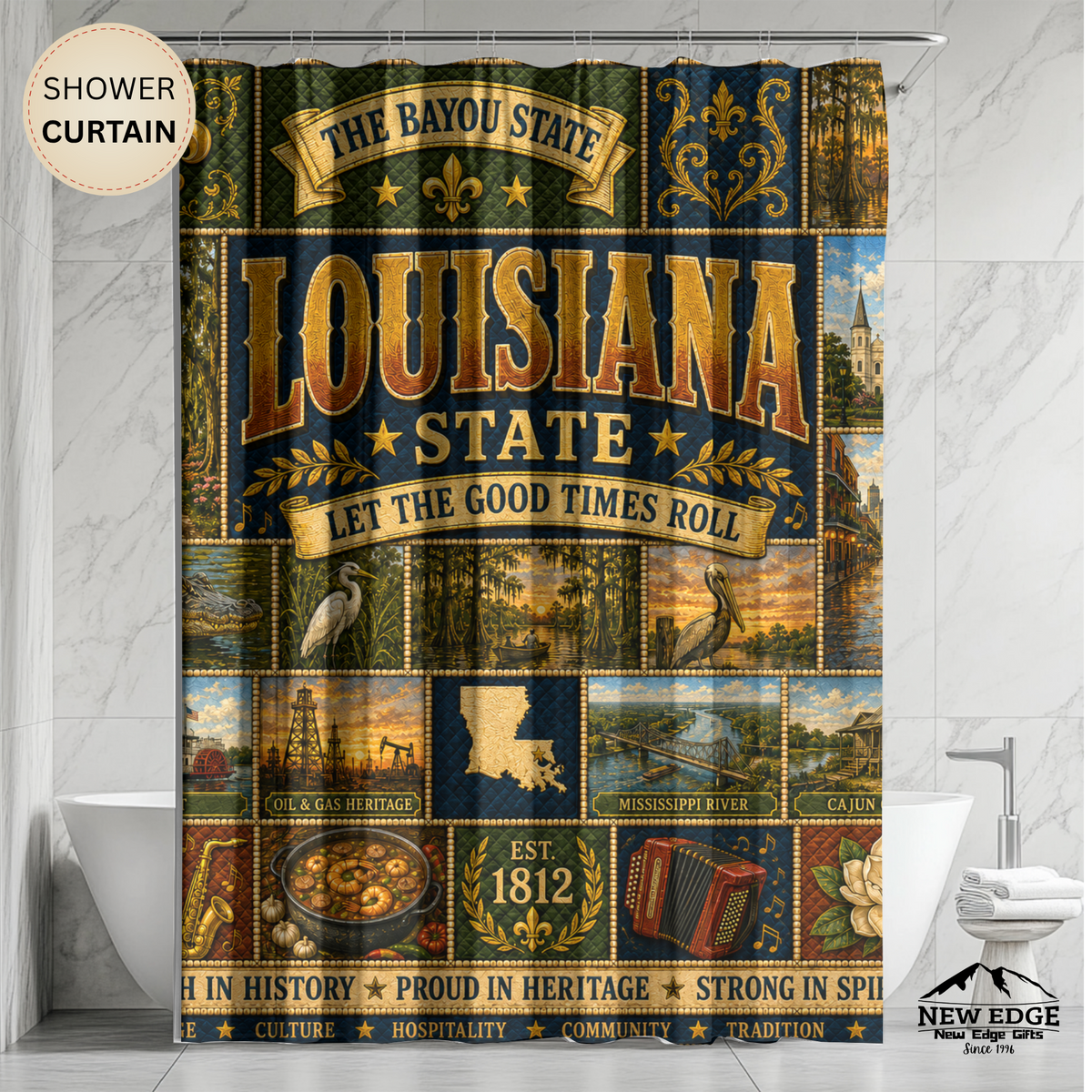 Louisiana Shower Curtain, Bayou State Decor, Cajun Jazz Faux Patchwork, Southern Landmark Bathroom Decor