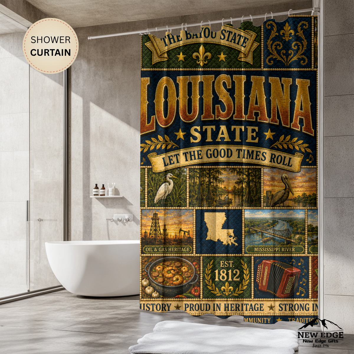 Louisiana Shower Curtain, Bayou State Decor, Cajun Jazz Faux Patchwork, Southern Landmark Bathroom Decor
