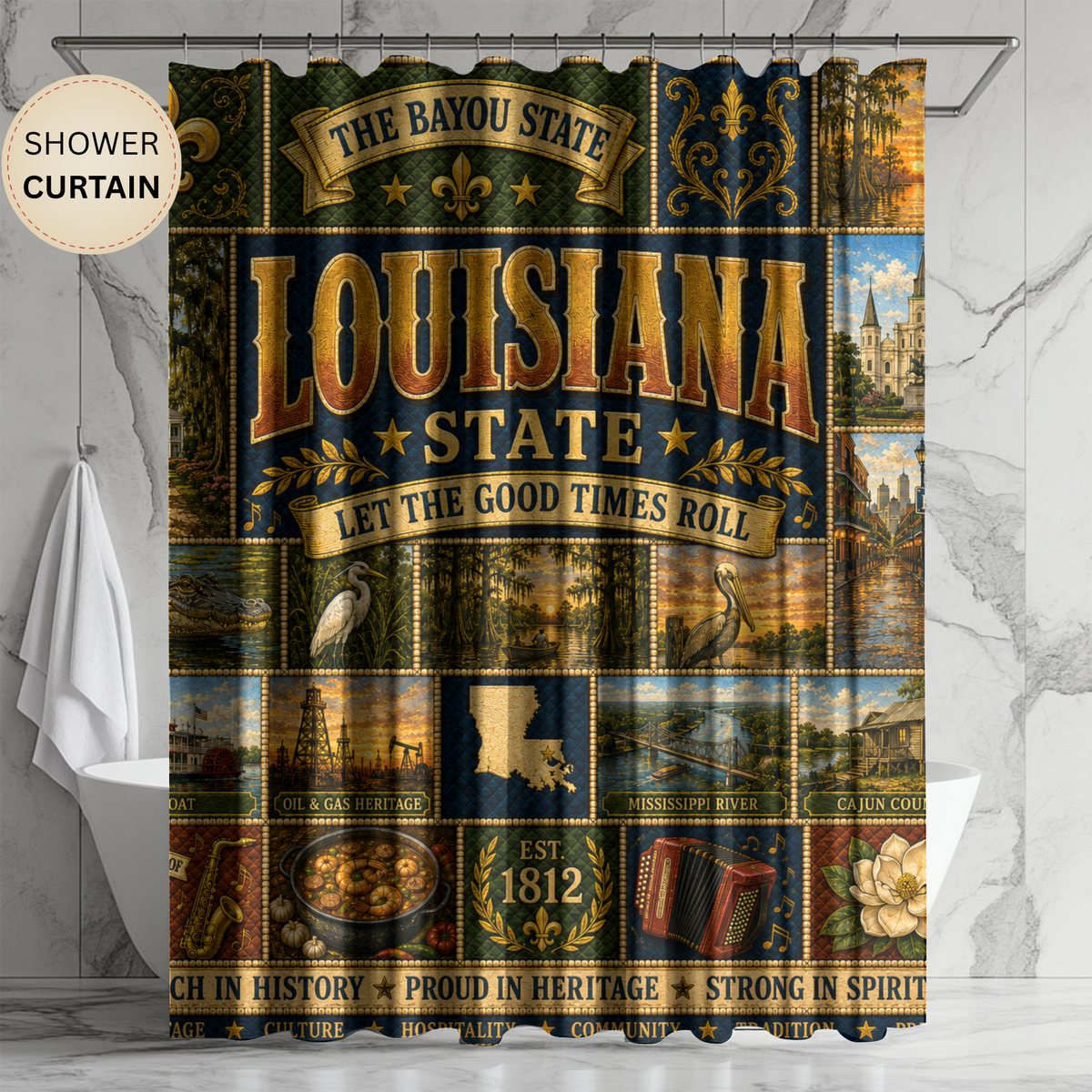 Louisiana Shower Curtain, Bayou State Decor, Cajun Jazz Faux Patchwork, Southern Landmark Bathroom Decor