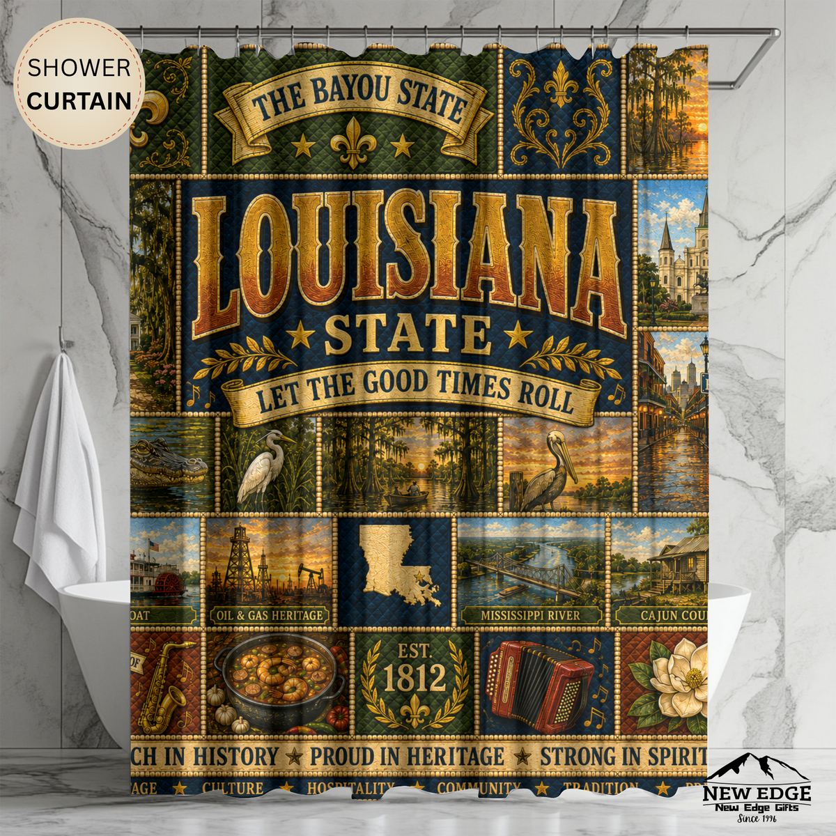 Louisiana Shower Curtain, Bayou State Decor, Cajun Jazz Faux Patchwork, Southern Landmark Bathroom Decor