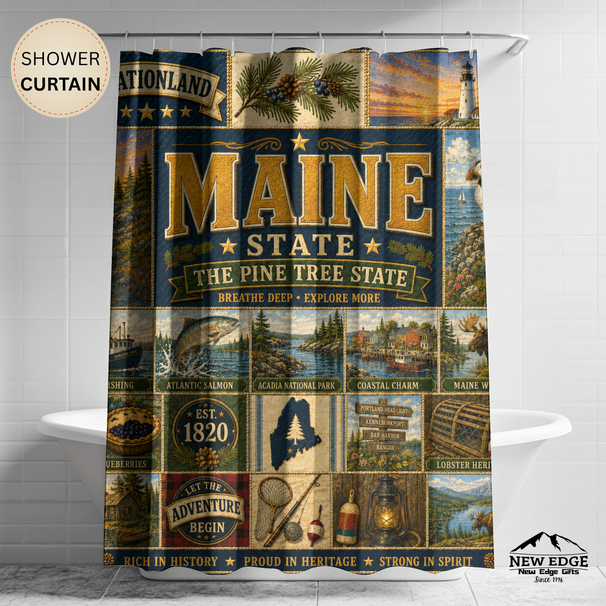 Maine Shower Curtain, Vacationland Coastal Decor, Pine Tree State Faux Patchwork, New England Bathroom Decor