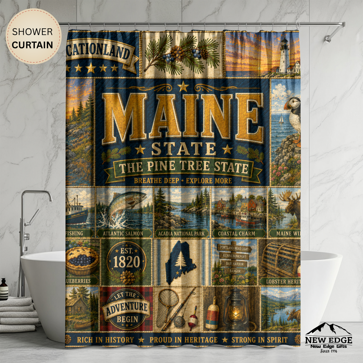 Maine Shower Curtain, Vacationland Coastal Decor, Pine Tree State Faux Patchwork, New England Bathroom Decor