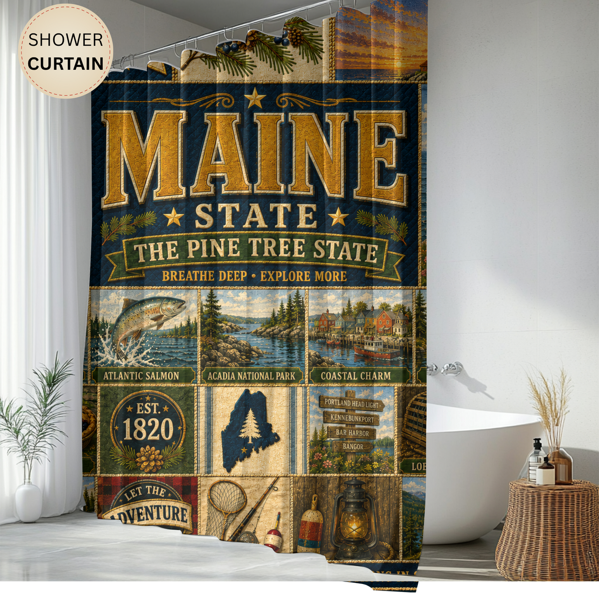Maine Shower Curtain, Vacationland Coastal Decor, Pine Tree State Faux Patchwork, New England Bathroom Decor