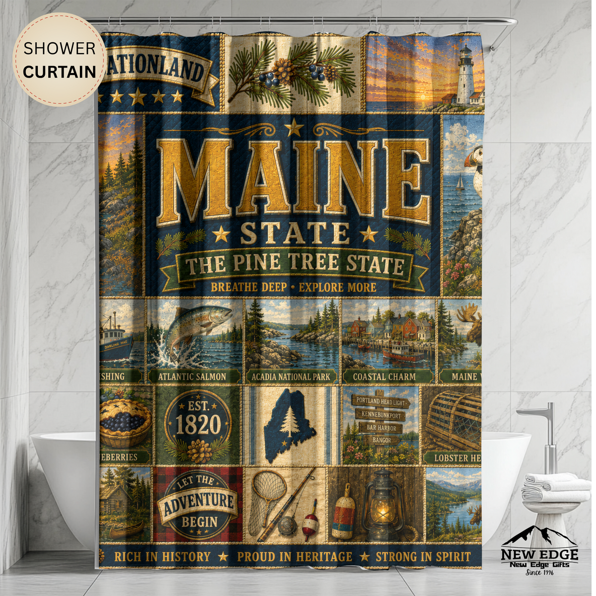 Maine Shower Curtain, Vacationland Coastal Decor, Pine Tree State Faux Patchwork, New England Bathroom Decor