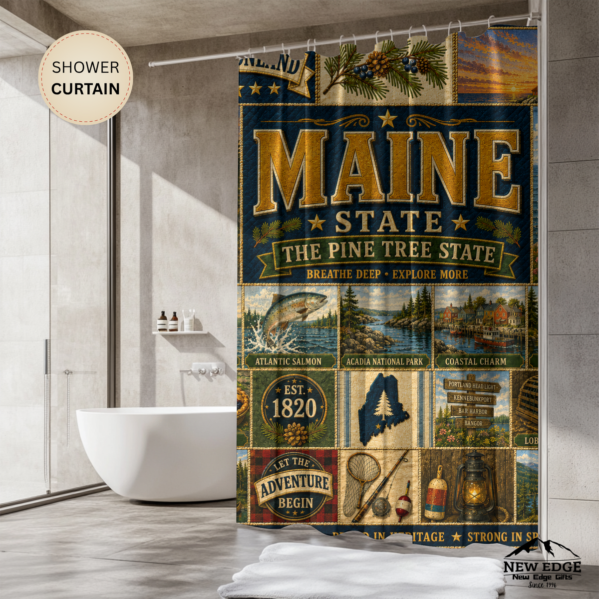 Maine Shower Curtain, Vacationland Coastal Decor, Pine Tree State Faux Patchwork, New England Bathroom Decor